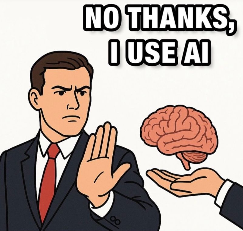 Meme of a person rejecting a brain with the text “No thanks, I use AI,”