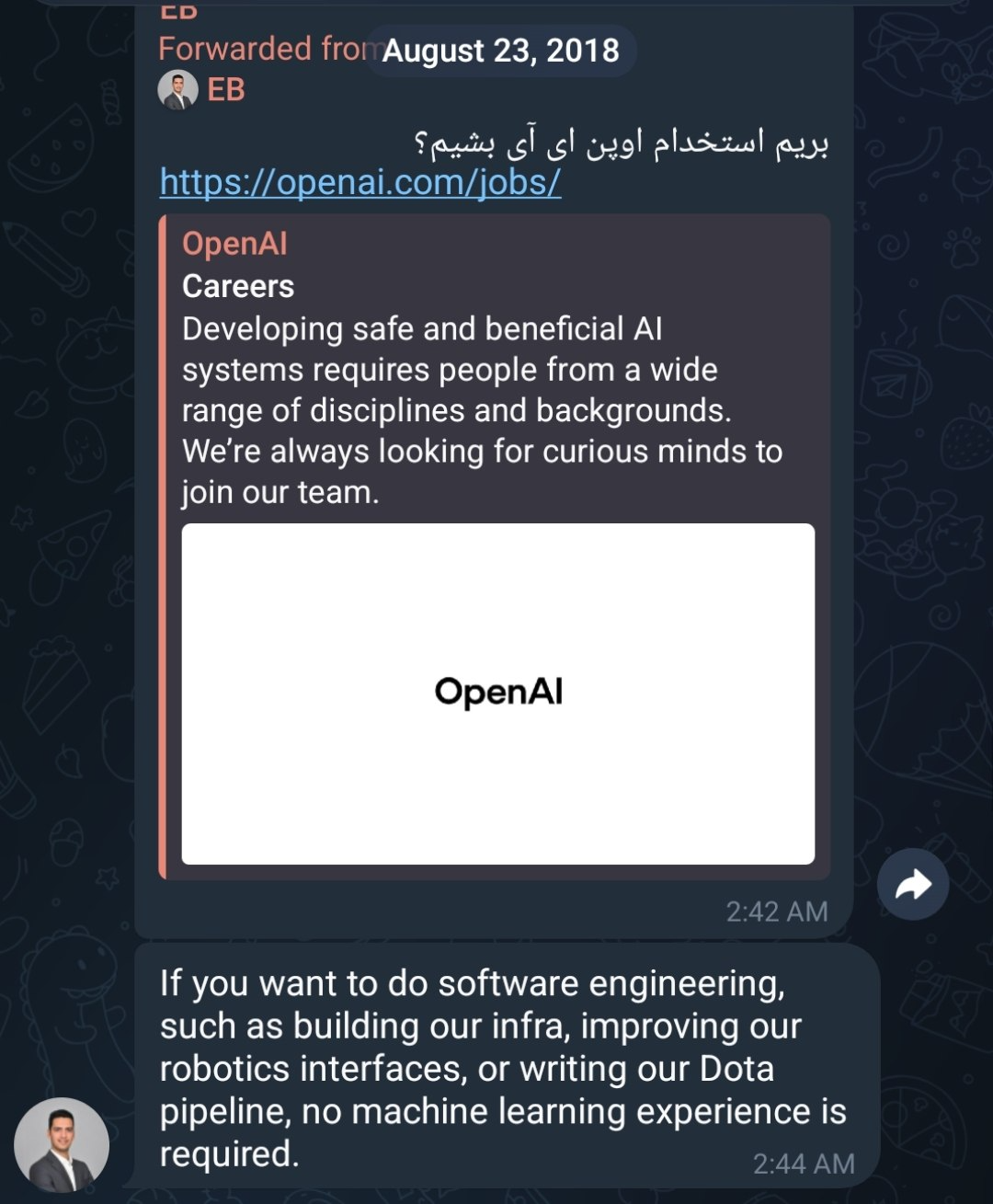 Telegram screenshot from 2018 showing an OpenAI careers link and a message saying software engineering roles did not require machine learning experience.